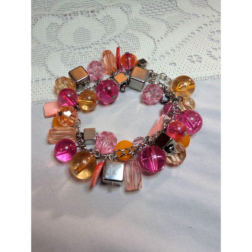 Handmade Vintage Upcycled Bead Cluster Charm Bracelet Pink Peach Silver OOAK